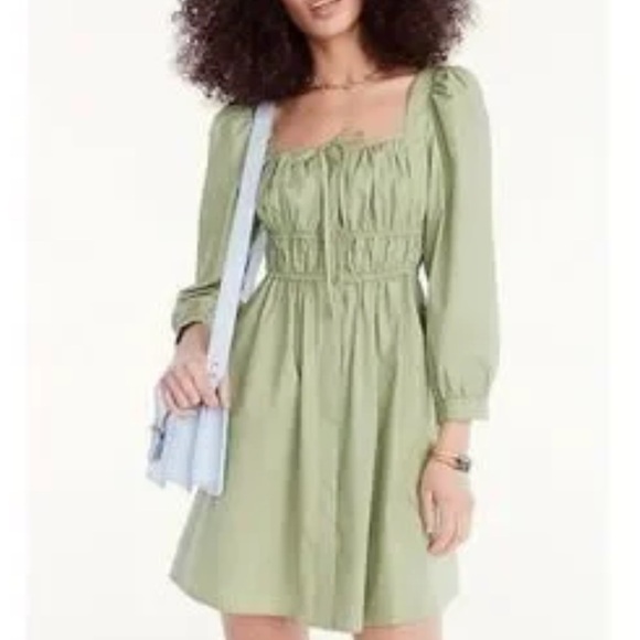 J CREW WOMENS CINCHED WAIST COTTON POPLIN DRESS GREEN 12 PETITE BG485 - Picture 2 of 9